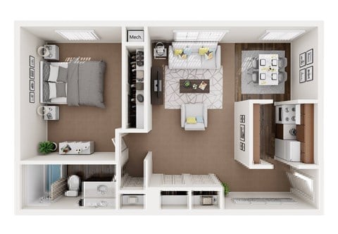 A dollhouse with furniture and appliances in a modern style.
